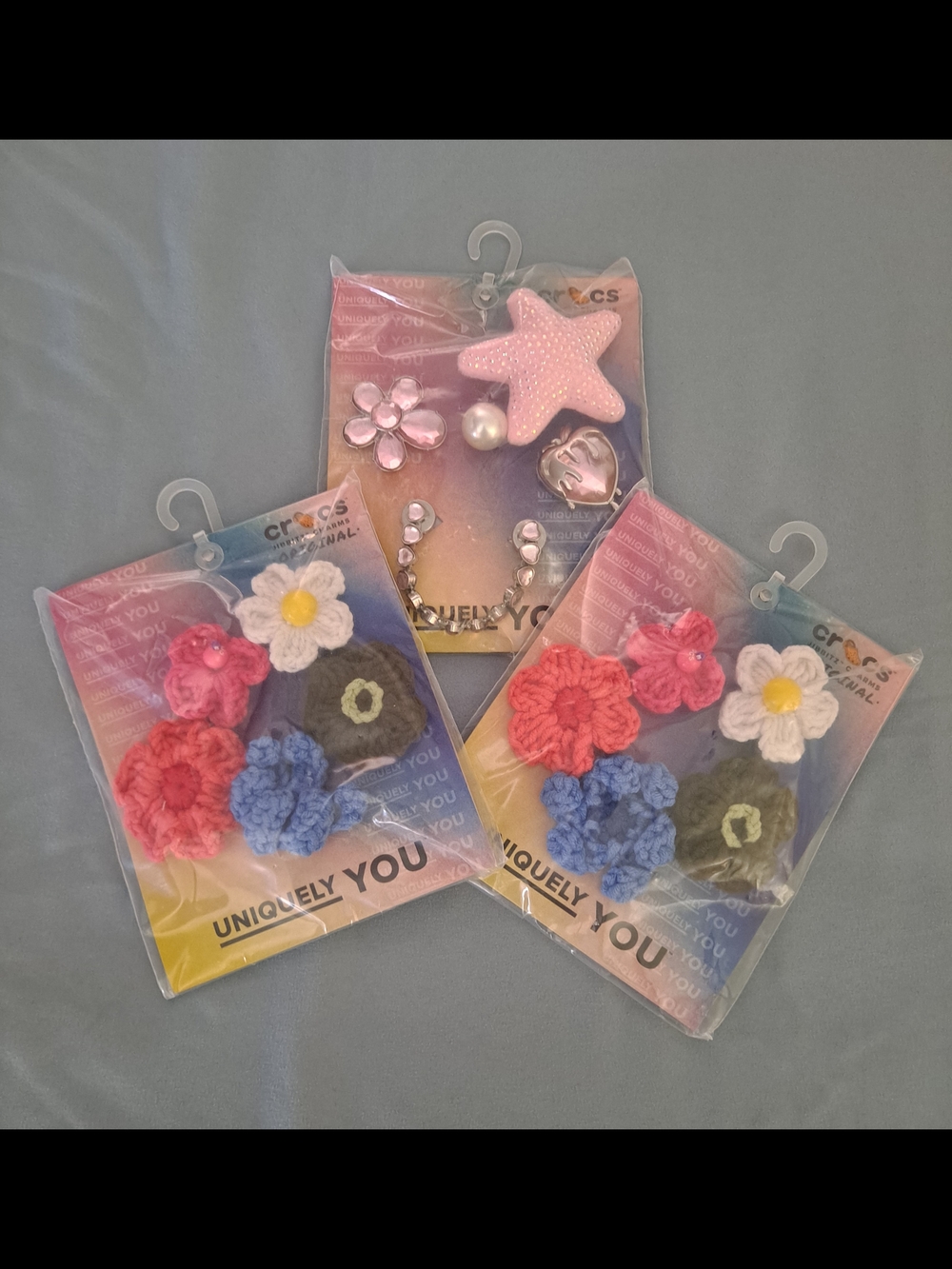 3 Sets Of CROCS Jibbitz Floral Crochet Flowers & Starfish, Heart, Pearl & Flower